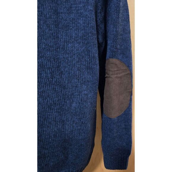 Chaps Navy Blue Mens Pullover Sweater W/ Brown Suede Elbow Patches Button Collar - Picture 4 of 8